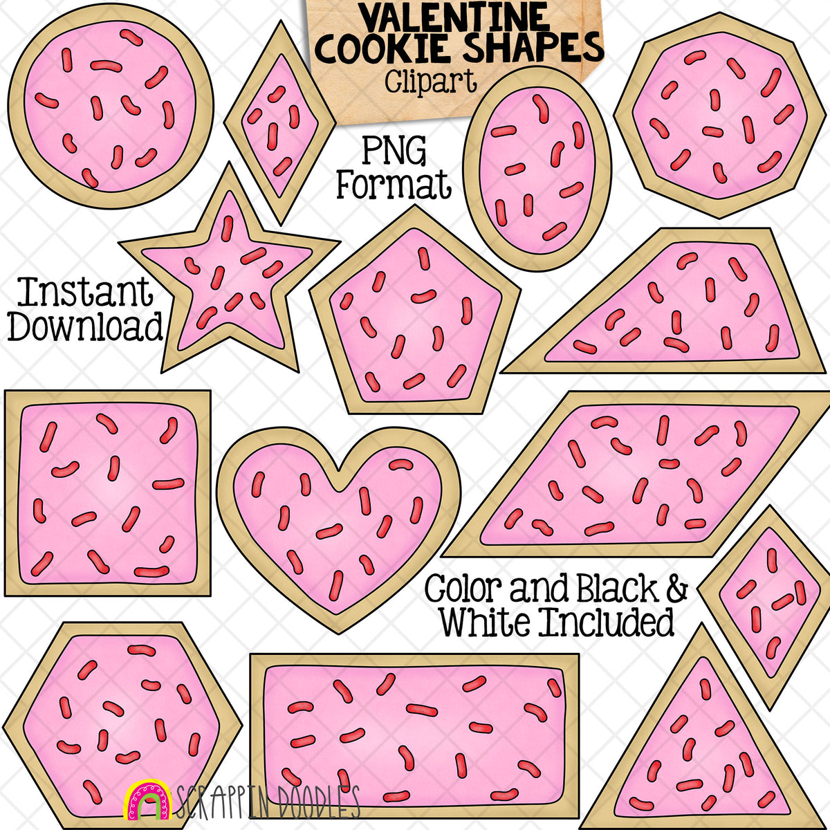 Valentine Cookie Shapes Clip Art - Valentine's Day Different 2D Shapes - Commercial Use PNG Sublimation