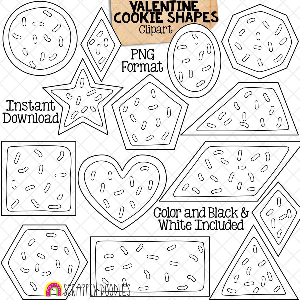 Valentine Cookie Shapes Clip Art - Valentine's Day Different 2D Shapes - Commercial Use PNG Sublimation