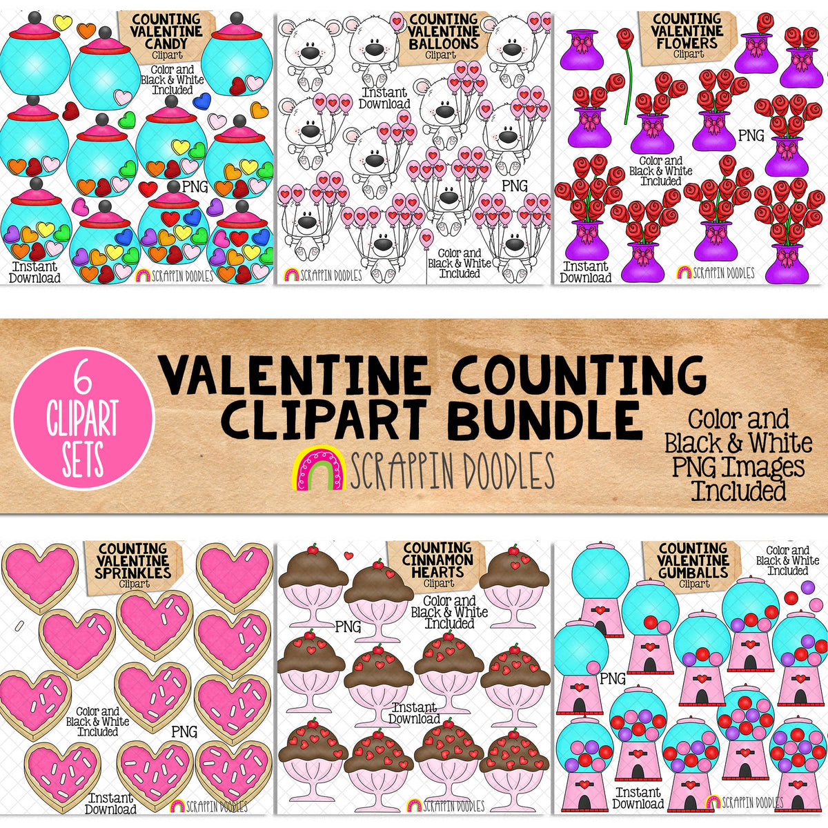 Valentine Counting ClipArt Bundle - Seasonal Math Graphics - Commercial Use PNG