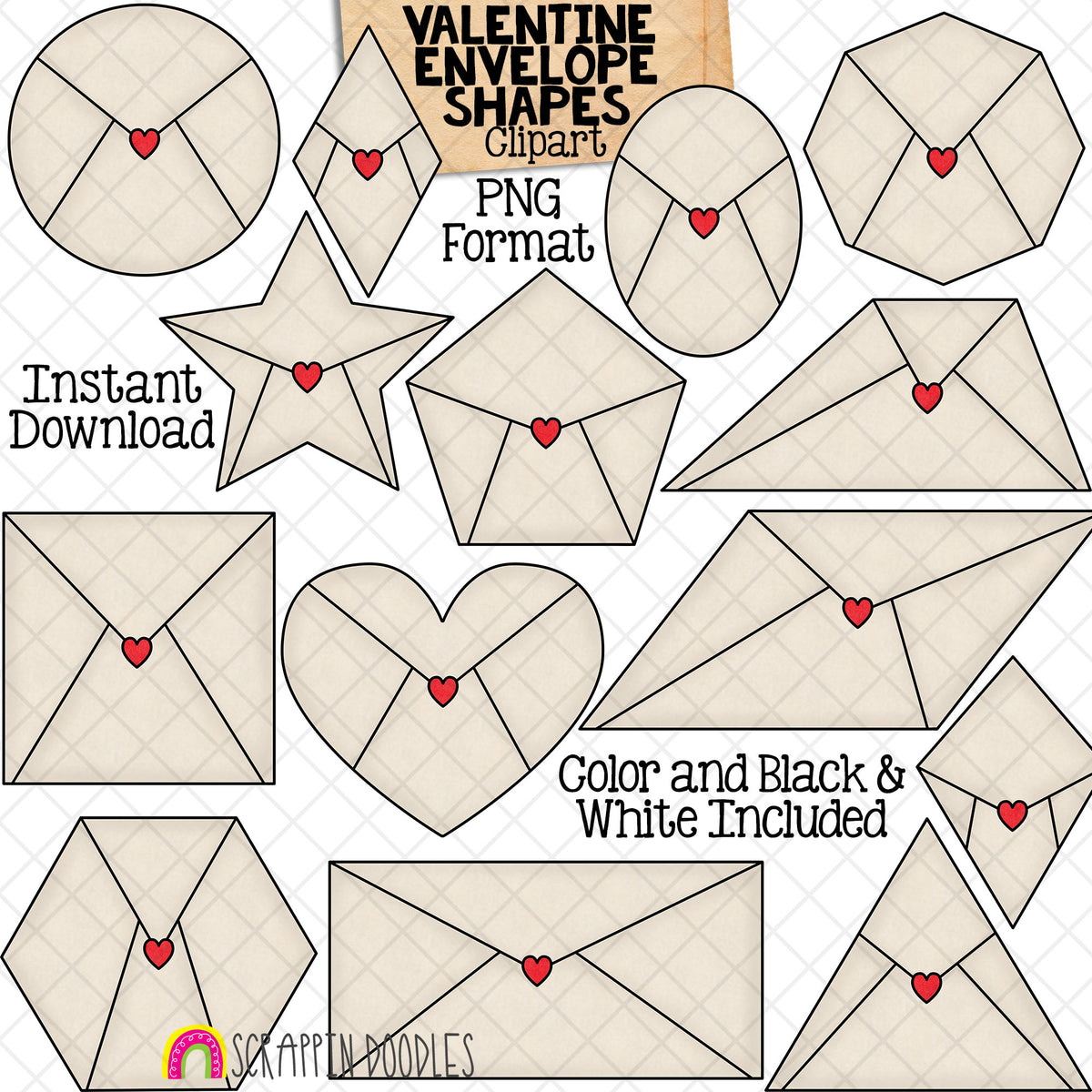 Valentine Envelope Shapes Clip Art - Valentine's Day Different 2D Shapes - Commercial Use PNG Sublimation