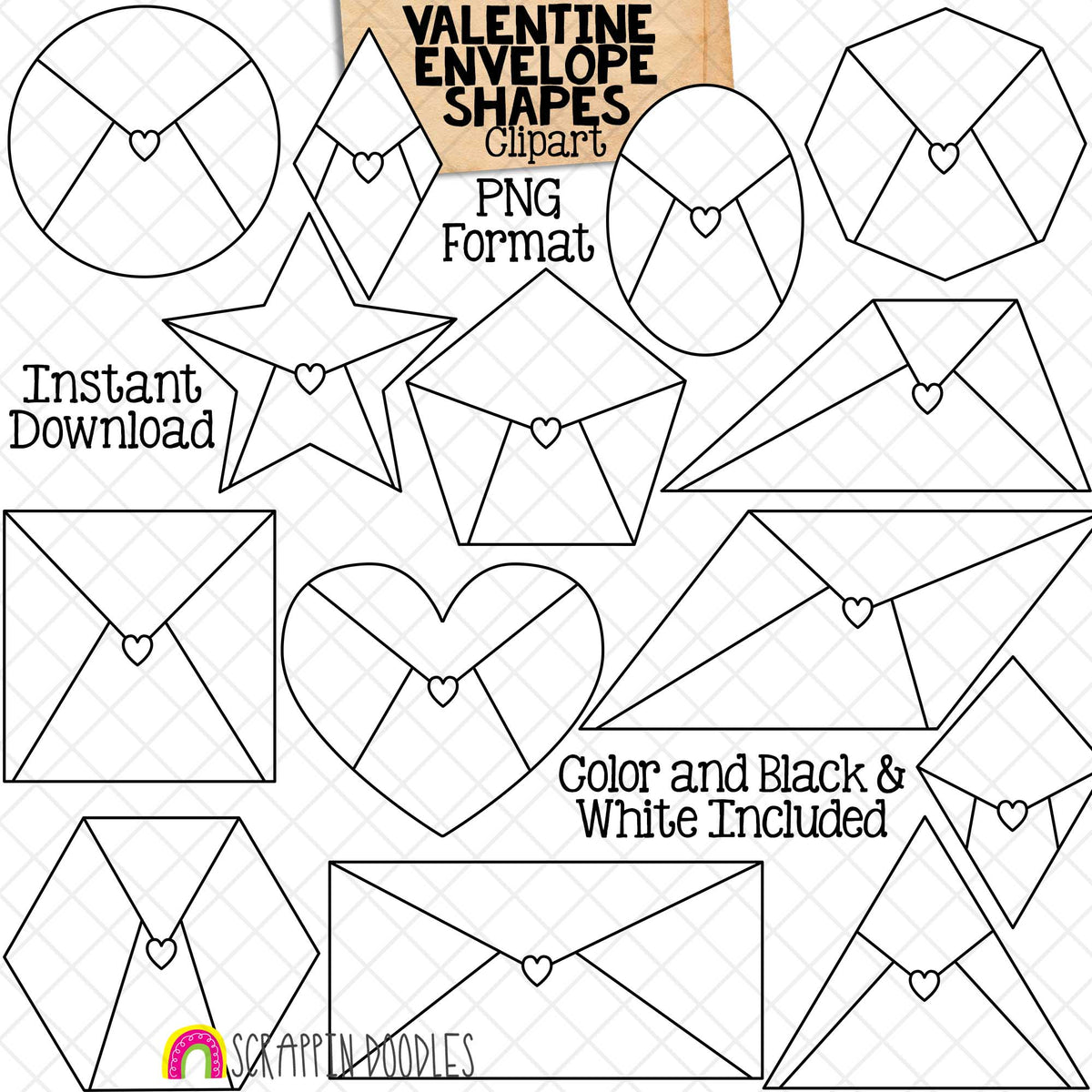 Valentine Envelope Shapes Clip Art - Valentine's Day Different 2D Shapes - Commercial Use PNG Sublimation