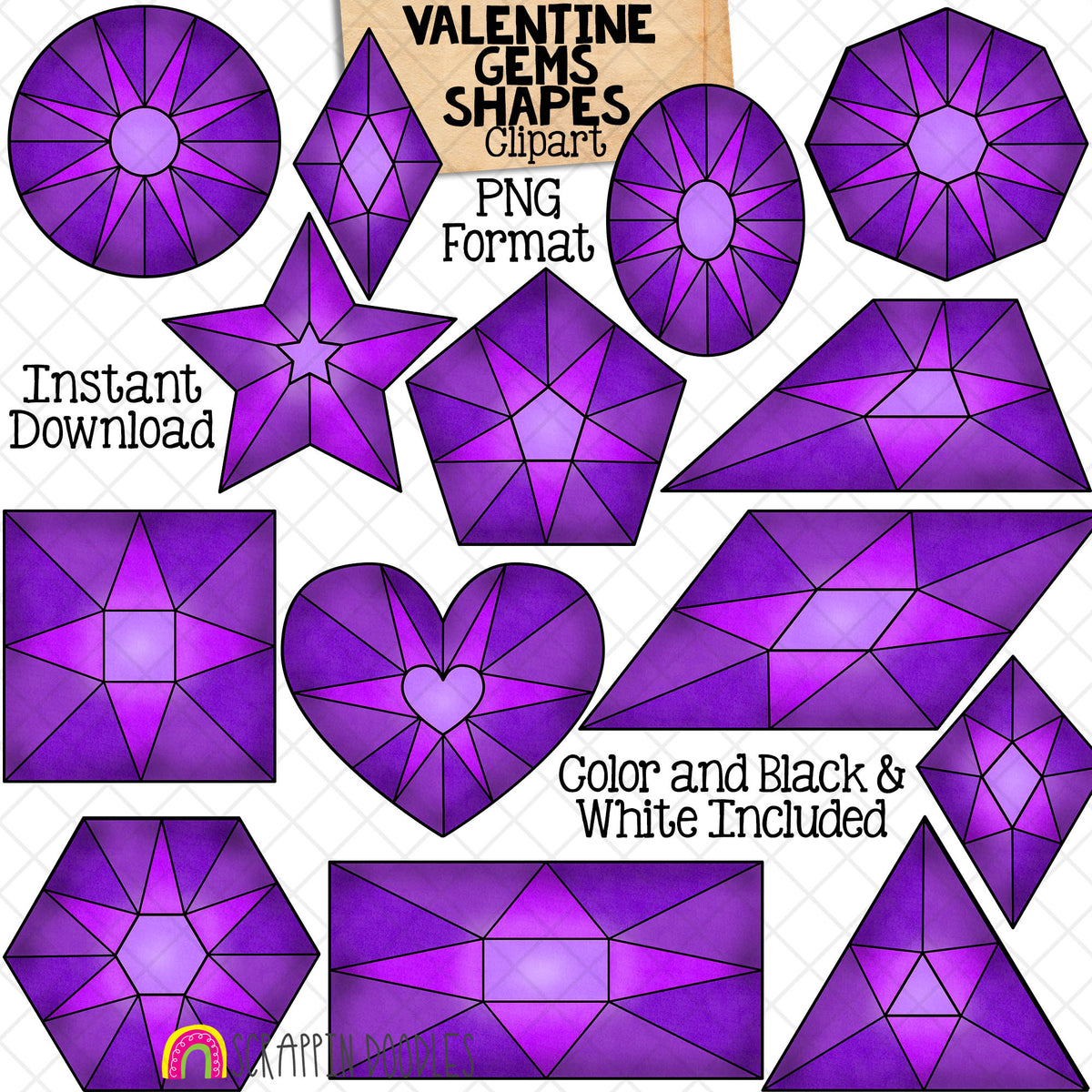 Valentine Gem Shapes Clip Art - Valentine's Day Different 2D Shapes - Commercial Use PNG Sublimation