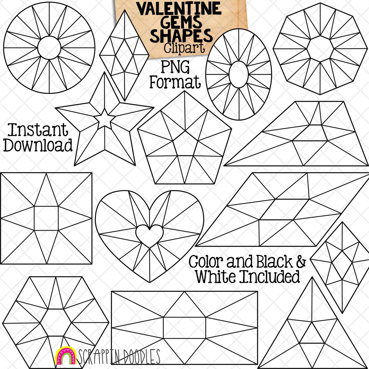 Valentine Gem Shapes Clip Art - Valentine's Day Different 2D Shapes - Commercial Use PNG Sublimation