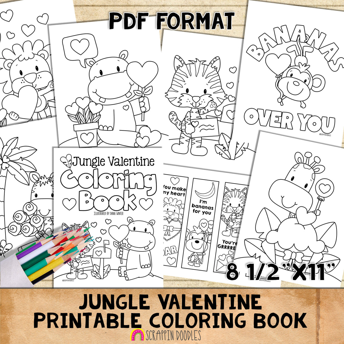 Valentines Day Coloring Book - Jungle Animals Valentine's Day Coloring Pages - Bookmarks - Kids Cards Printable PDF