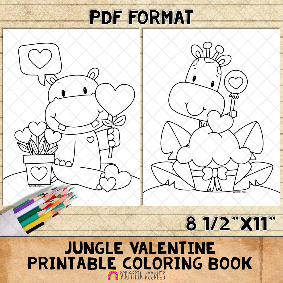 Valentines Day Coloring Book - Jungle Animals Valentine's Day Coloring Pages - Bookmarks - Kids Cards Printable PDF