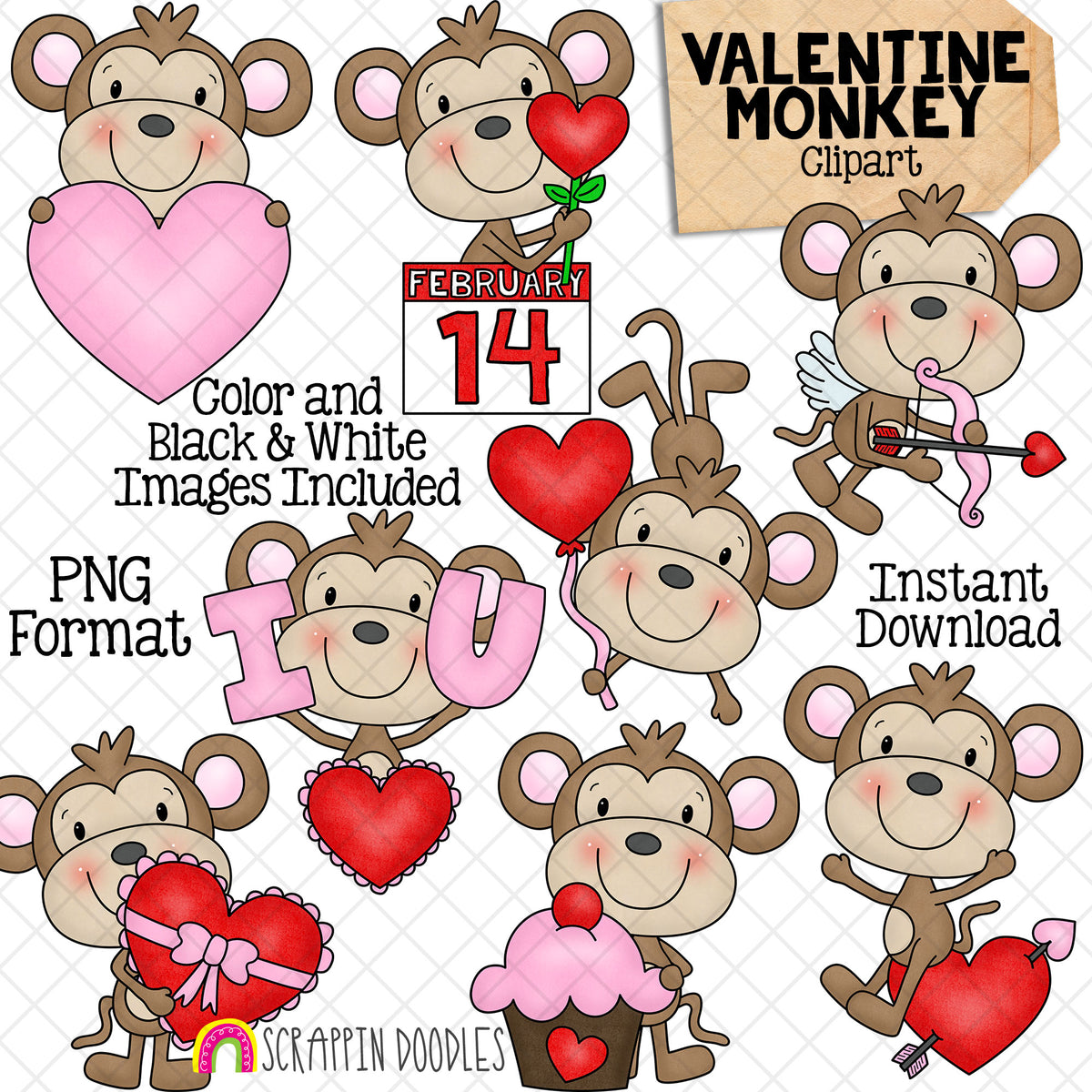 Valentine Monkey Clip Art - Jungle Animals - Monkeys with Valentines - Commercial Use PNG Sublimation