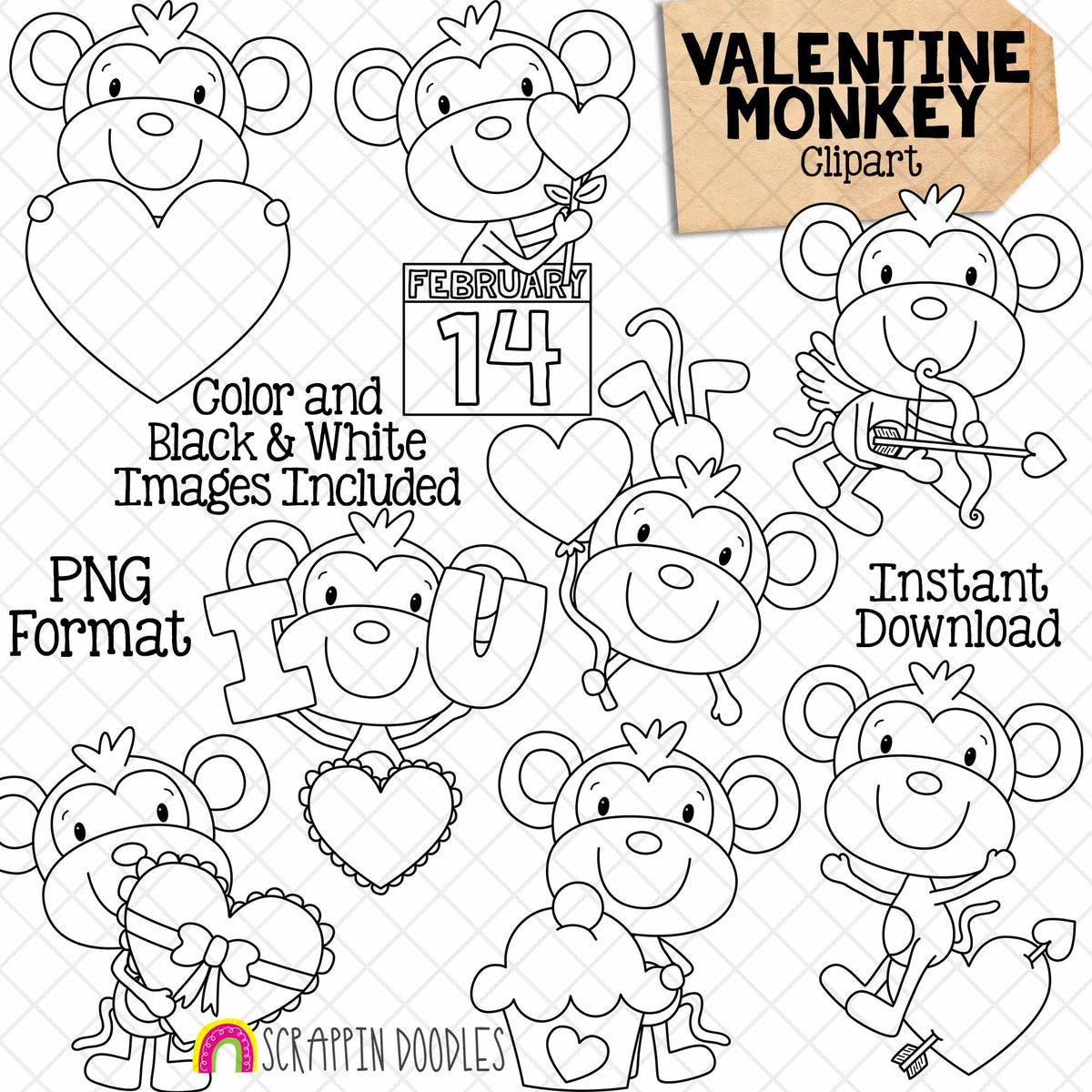 Valentine Monkey Clip Art - Jungle Animals - Monkeys with Valentines - Commercial Use PNG Sublimation