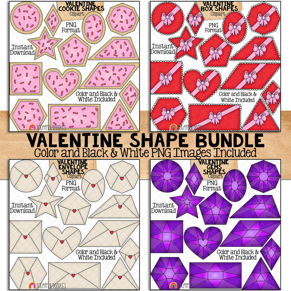 Valentine Shapes Clip Art Bundle - Valentine's Day Different 2D Shapes - Chocolate Boxes - Envelopes - Sprinkle Cookies - Gems - Commercial Use PNG Sublimation