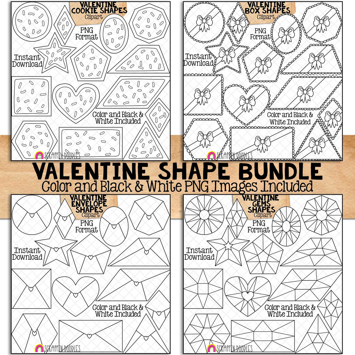 Valentine Shapes Clip Art Bundle - Valentine's Day Different 2D Shapes - Chocolate Boxes - Envelopes - Sprinkle Cookies - Gems - Commercial Use PNG Sublimation