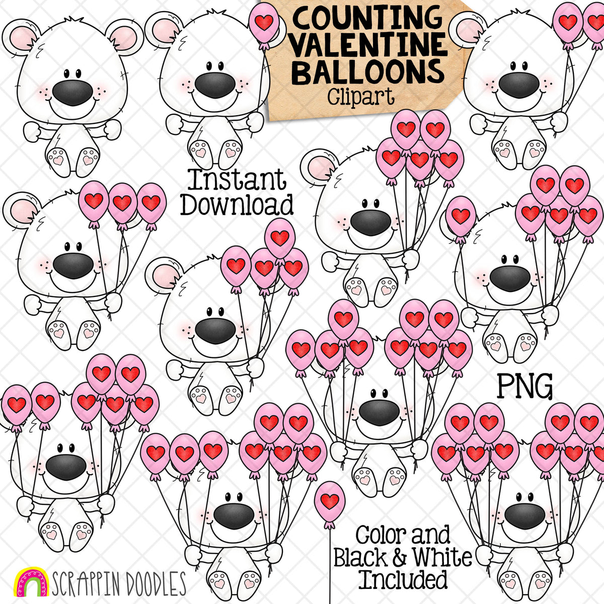 Counting Balloons ClipArt - Valentine Bear Holding Balloons Counting - Seasonal Math Graphics - Commercial Use PNG