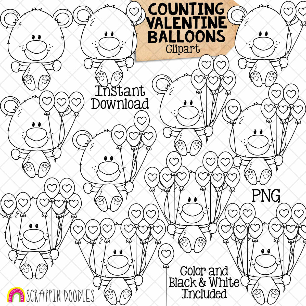 Counting Balloons ClipArt - Valentine Bear Holding Balloons Counting - Seasonal Math Graphics - Commercial Use PNG