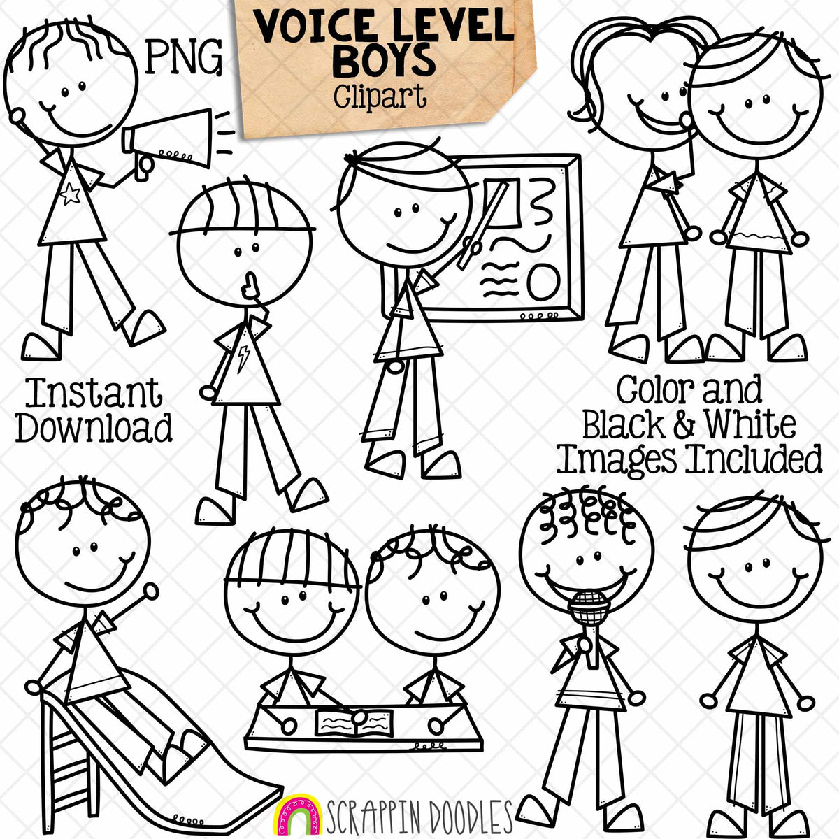 Voice Level Boys Clip Art - Doodle Kids Stick Figure Graphics - Voice Levels - Communication - Whisper - Outside Voices - CU PNG