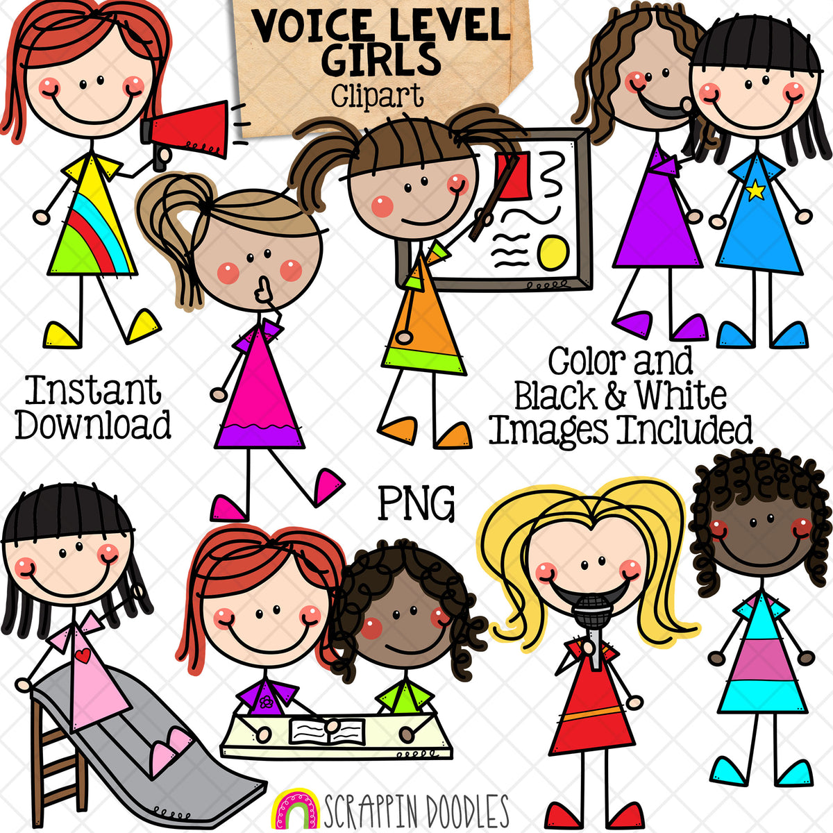 Voice Level Girls Clip Art - Doodle Kids Stick Figure Graphics - Voice Levels - Communication - Whisper - Outside Voices - CU PNG