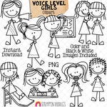 Voice Level Girls Clip Art - Doodle Kids Stick Figure Graphics - Voice Levels - Communication - Whisper - Outside Voices - CU PNG