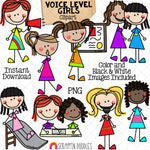 Voice Level Girls Clip Art - Doodle Kids Stick Figure Graphics - Voice Levels - Communication - Whisper - Outside Voices - CU PNG