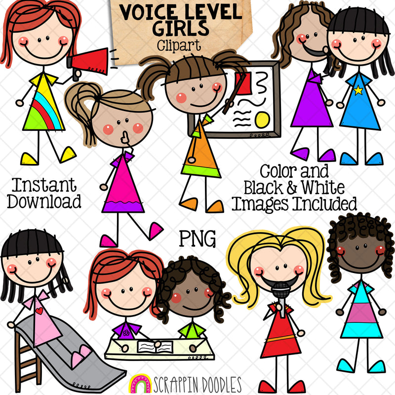 Voice Level Girls Clip Art - Doodle Kids Stick Figure Graphics - Voice Levels - Communication - Whisper - Outside Voices - CU PNG