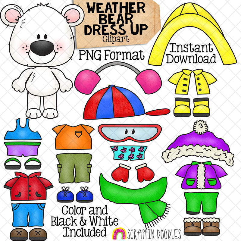 Weather ClipArt - Weather Bear Dress Up - Pauly Polar Bear - Seasonal Clothing - Winter - Spring - Summer - Raining - Paper Doll