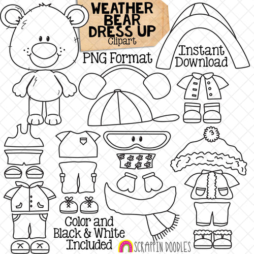 Weather ClipArt - Weather Bear Dress Up - Pauly Polar Bear - Seasonal Clothing - Winter - Spring - Summer - Raining - Paper Doll