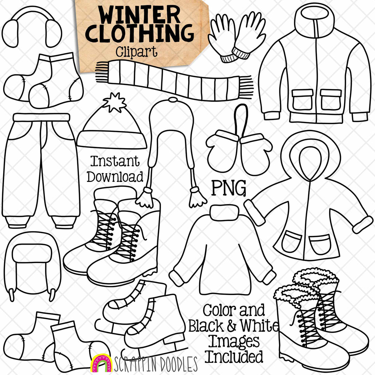 Winter Clothing Clip Art - Mittens - Snow Pants - Toques - Scarfs - Boots - Ear Muffs - Commercial Use PNG Sublimation