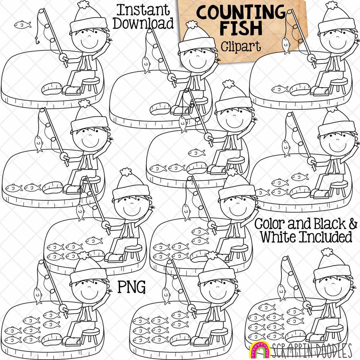 Counting Fish ClipArt - Winter Ice Fishing Counting - Seasonal Math Graphics - Commercial Use PNG