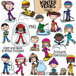 Winter Verbs ClipArt - Verb Kids - Seasonal Action Words - Fishing - Sledding - Ice Sculpting - Shoveling - Snow Angel - Commercial Use PNG