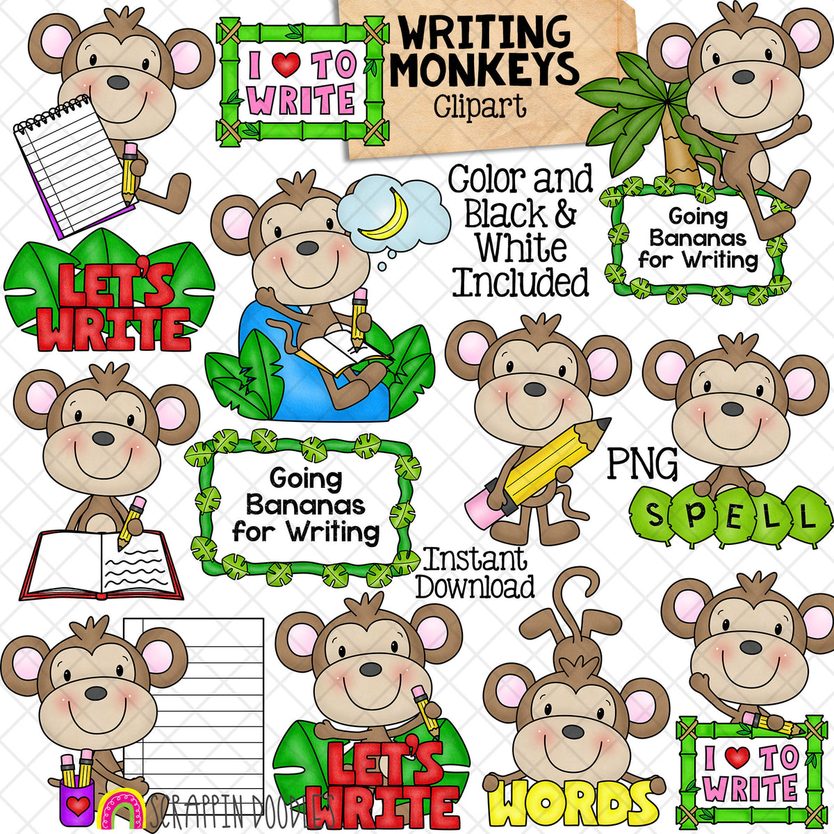 Monkey Clip Art - Monkeys Writing and Spelling - Jungle Animals - School - Learning to Write - Commercial Use PNG Sublimation