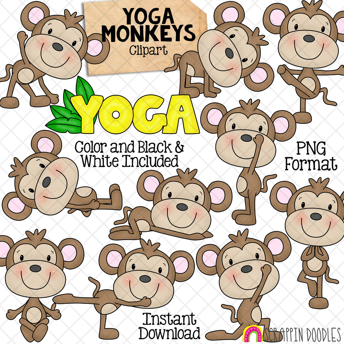 Yoga Monkey Clip Art - Monkeys Doing Yoga Poses - Jungle Animals - Stretching - Commercial Use PNG Sublimation