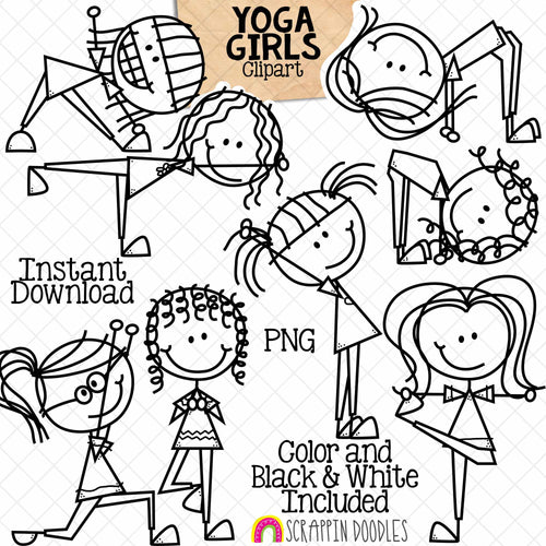 Yoga Clip Art - Doodle Girls Doing Yoga Poses - Stick Figure Graphics - Commercial Use PNG