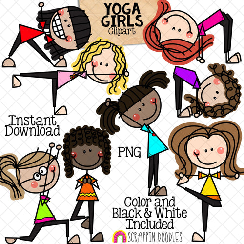 Yoga Clip Art - Doodle Girls Doing Yoga Poses - Stick Figure Graphics - Commercial Use PNG