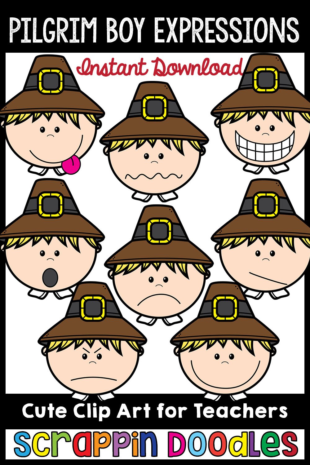 Pilgrim Boy Expressions Thanksgiving Clip Art