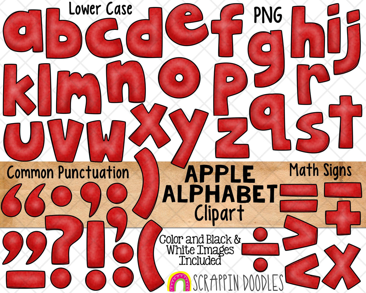 Apple Alphabet ClipArt - Apple Letters Clip Art - Numbers - PNG Graphics - Math Signs - Instant Download Sublimation Graphics