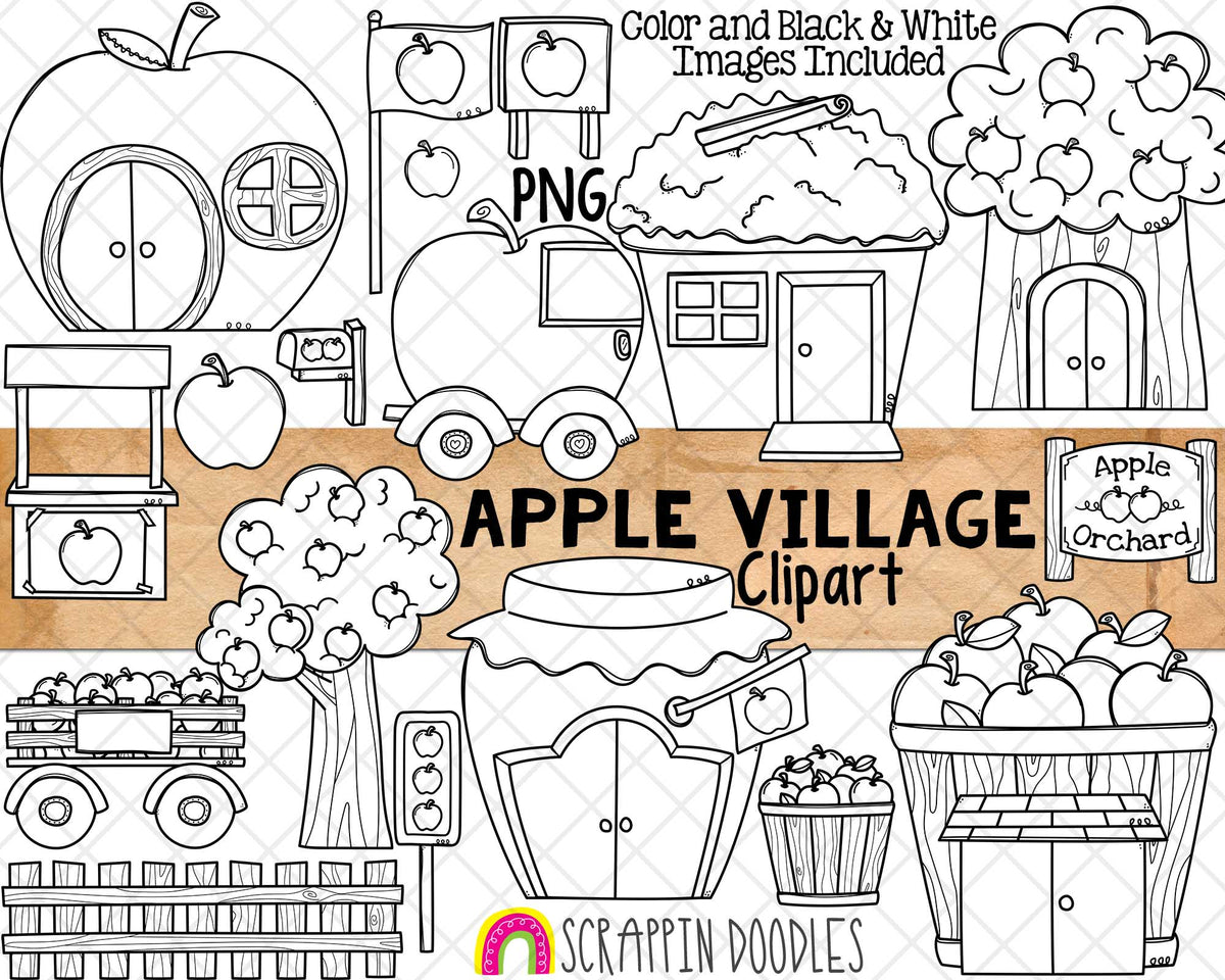 Apple Village Clip Art - Apple Orchard Town - Tree House - Apple Cart - Fruit Car - Commercial Use PNG