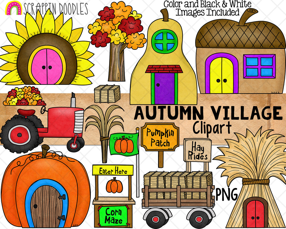 Autumn Village Clip Art - Fall Farm Town - Pumpkin House - Tractor Hay Rides - Commercial Use PNG