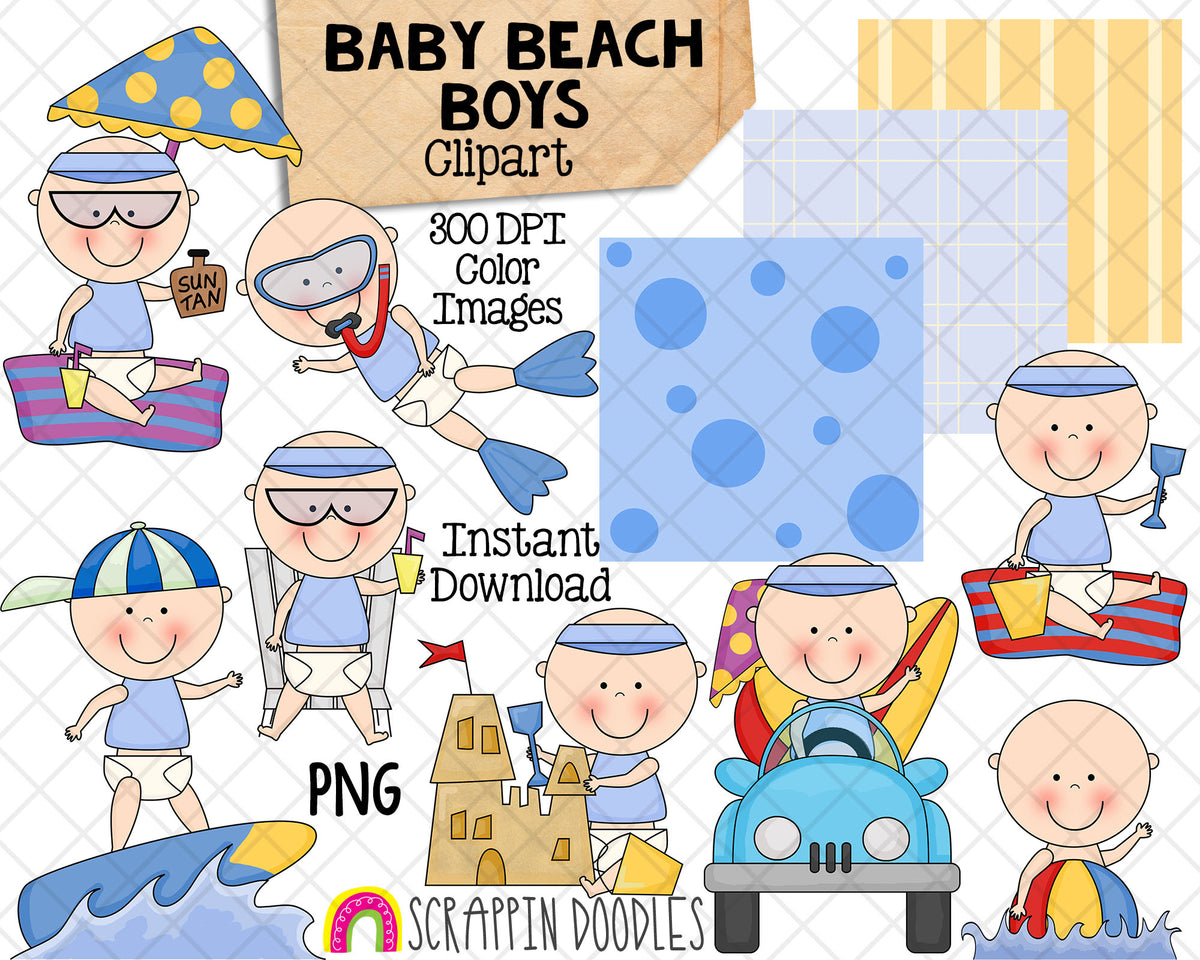 Beach Baby ClipArt - Baby Boys Swimming - Sandcastle - Baby Shower