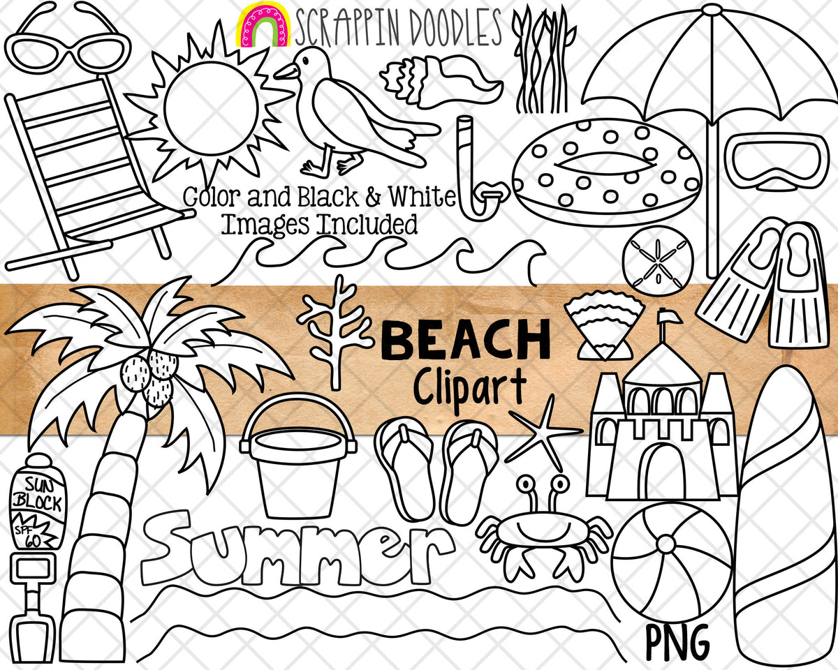 Beach ClipArt - Sandcastle - Summer Sea Clip Art - Palm Tree - Surf Board - Beach Ball - Flippers - Sunscreen - Sublimation PNG