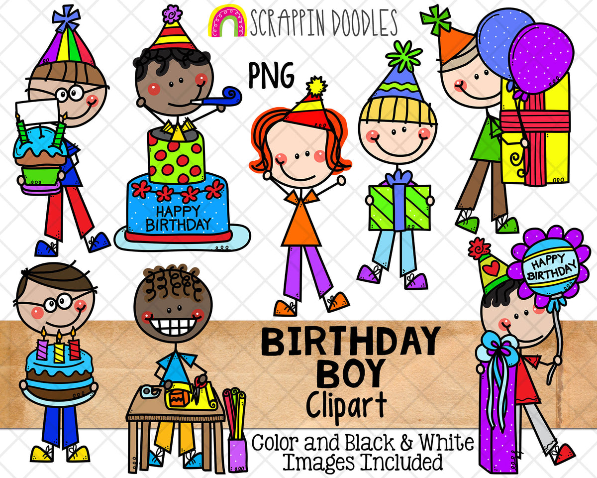 Birthday Clipart - Doodle Boys Birthday Clip Art - Birthday Party Cake - Balloons - Kids Birthday ClipArt - Hand Drawn PNG