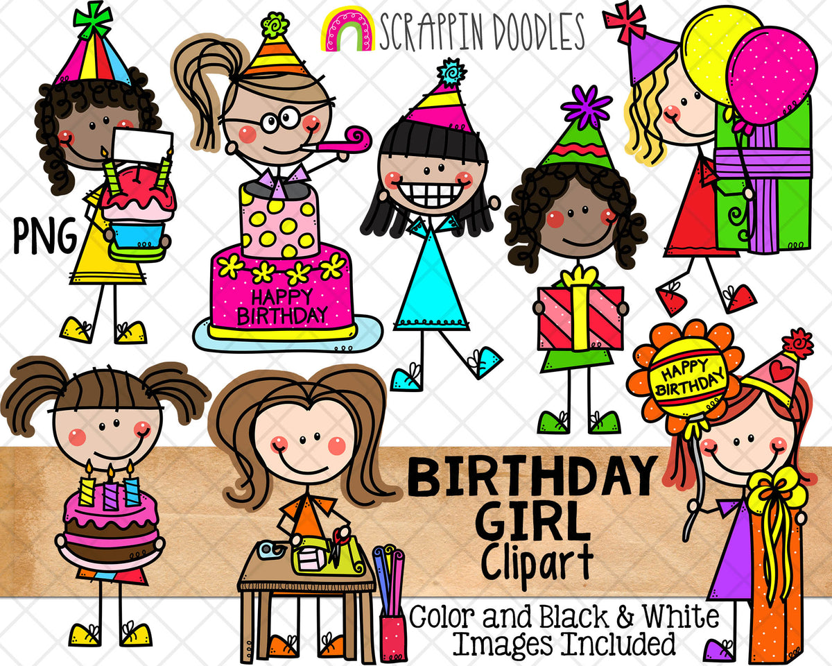 Birthday Clipart - Doodle Girls Birthday Clip Art - Birthday Party Cake - Balloons - Kids Birthday ClipArt - Hand Drawn PNG