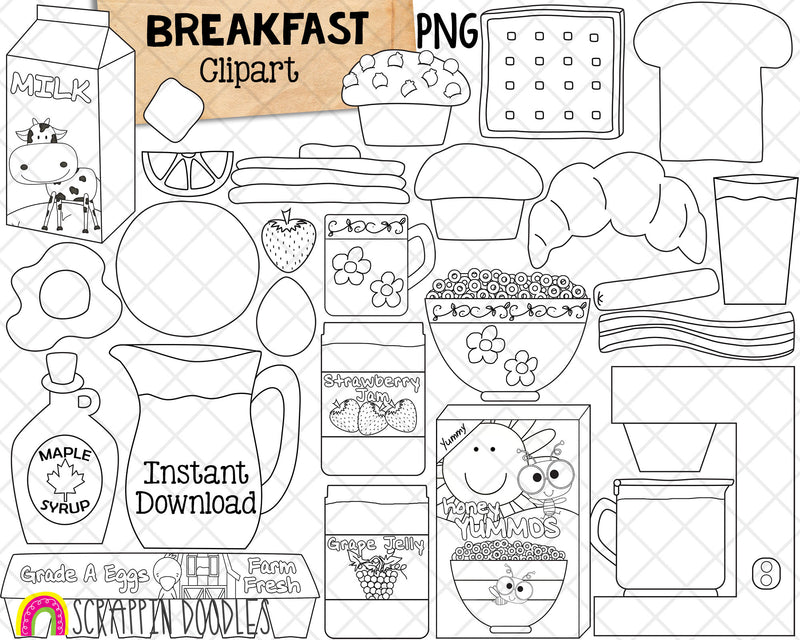 Breakfast Food ClipArt - Brunch - Waffles - Orange Juice - Pancakes - Bacon Slice - Eggs - Croissant - Bowl of Cereal - Commercial Use PNG