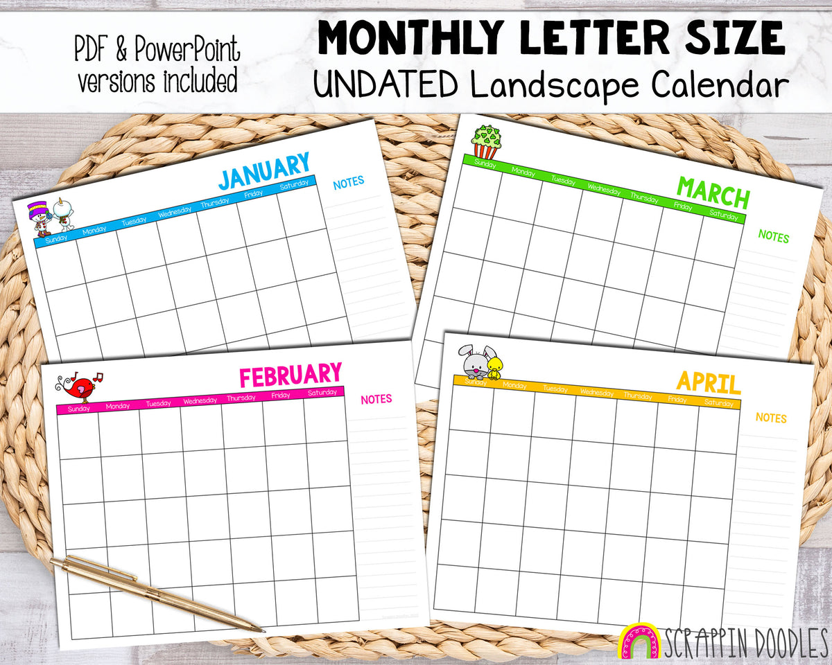 UNDATED Landscape Calendar - Printable and Digital Monthly Calendar - Letter Size - Power Point and PDF format - Cute Animal Calendar