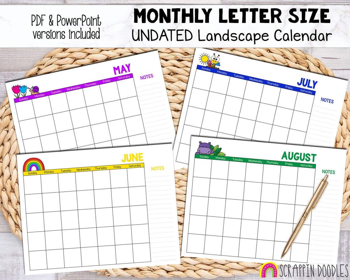 UNDATED Landscape Calendar - Printable and Digital Monthly Calendar - Letter Size - Power Point and PDF format - Cute Animal Calendar