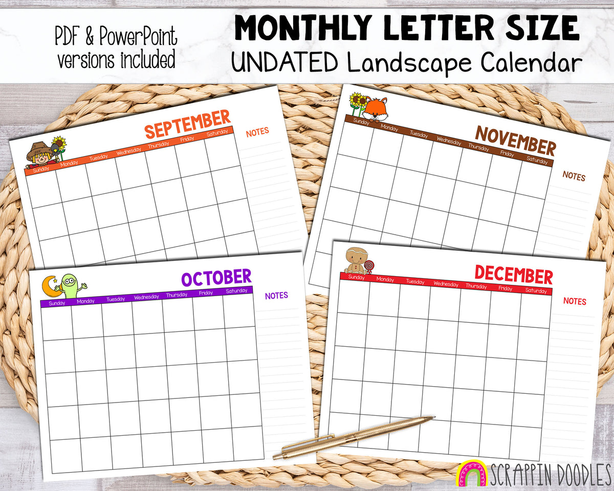 UNDATED Landscape Calendar - Printable and Digital Monthly Calendar - Letter Size - Power Point and PDF format - Cute Animal Calendar