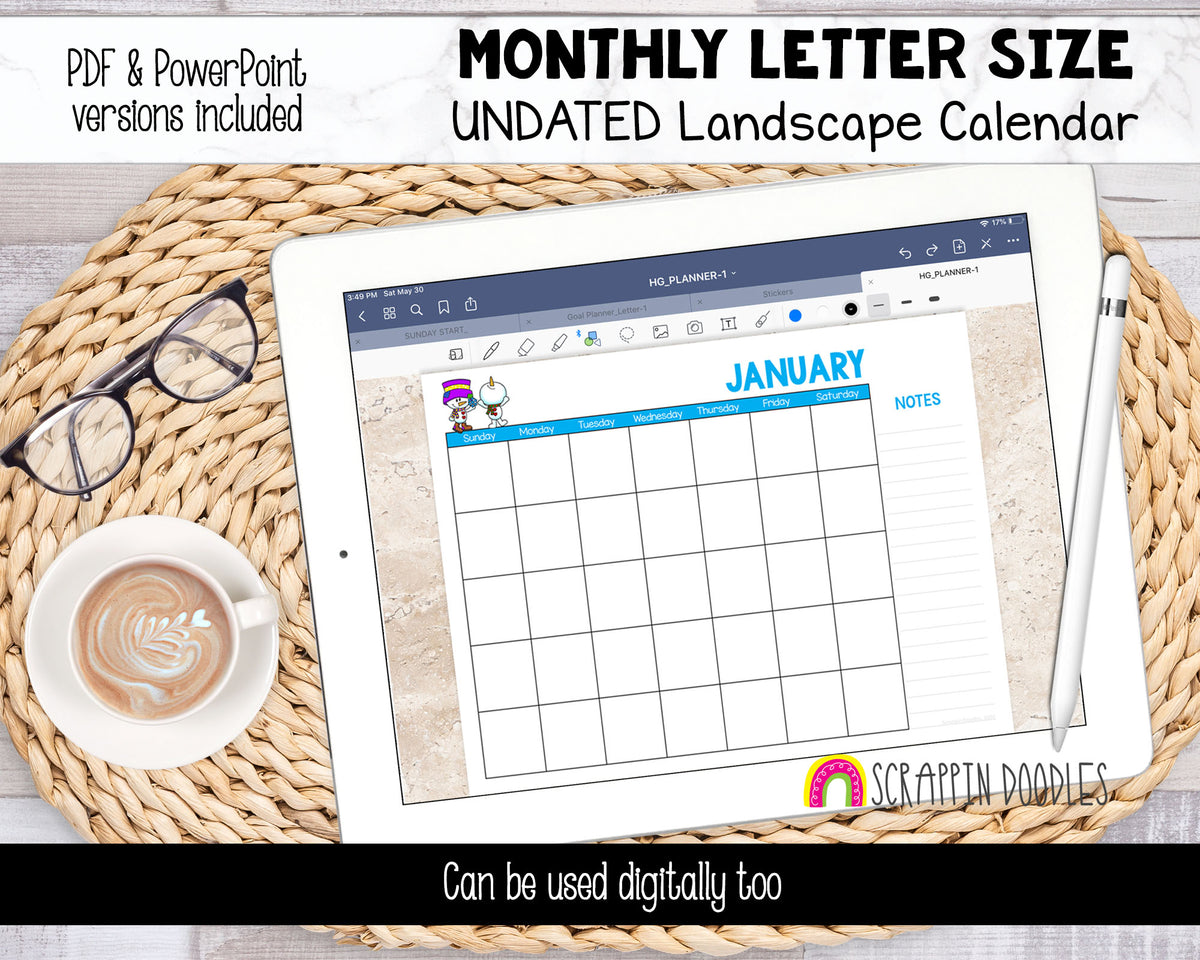 UNDATED Landscape Calendar - Printable and Digital Monthly Calendar - Letter Size - Power Point and PDF format - Cute Animal Calendar