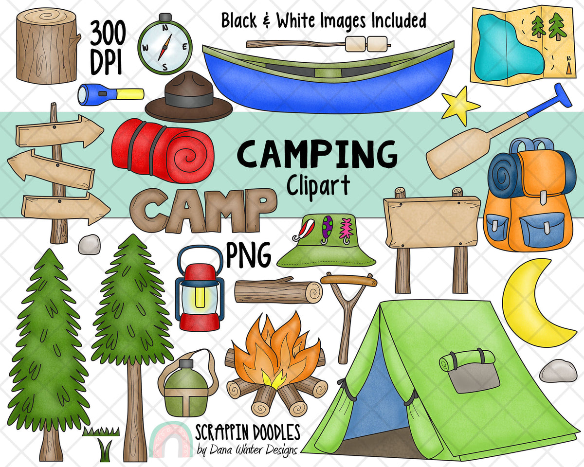 Camping Clipart - Backpacking Clip Art - Hiking - Campfire - Summer Camp - Outdoors Nature - Woodlands - Forest - Trees - Tents