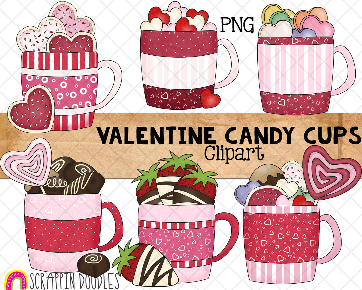 Valentine Candy Cups ClipArt - Candy Mugs - Valentine's Day Coffee Mugs - Sublimation - Commercial Use - PNG