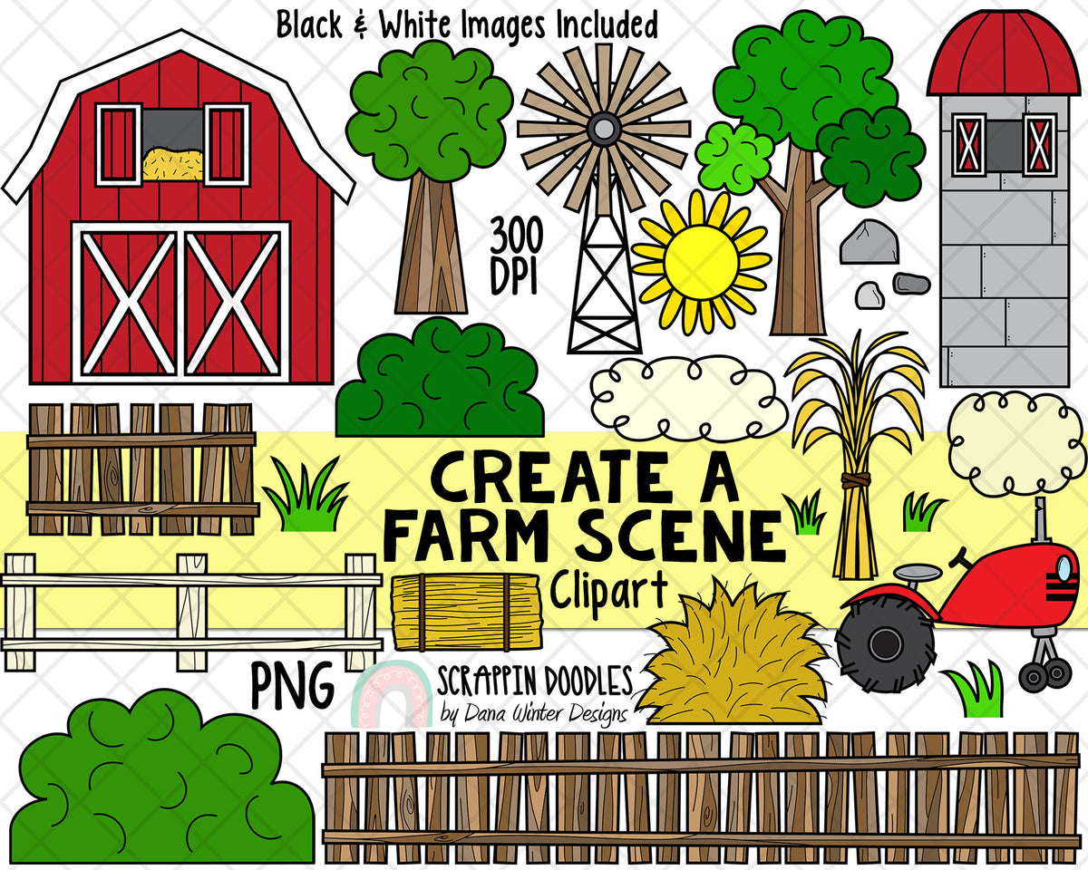 Farm ClipArt - Create A Farm Scene Clipart - Scene Creator - Farmer, Barn, Tractor, Silo, Windmill, Hay Bale - Landscape ClipArt