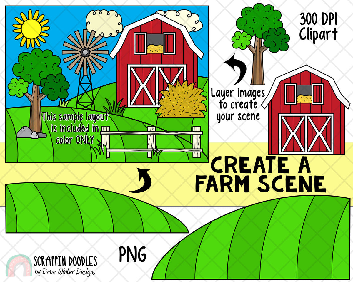 Farm ClipArt - Create A Farm Scene Clipart - Scene Creator - Farmer, Barn, Tractor, Silo, Windmill, Hay Bale - Landscape ClipArt