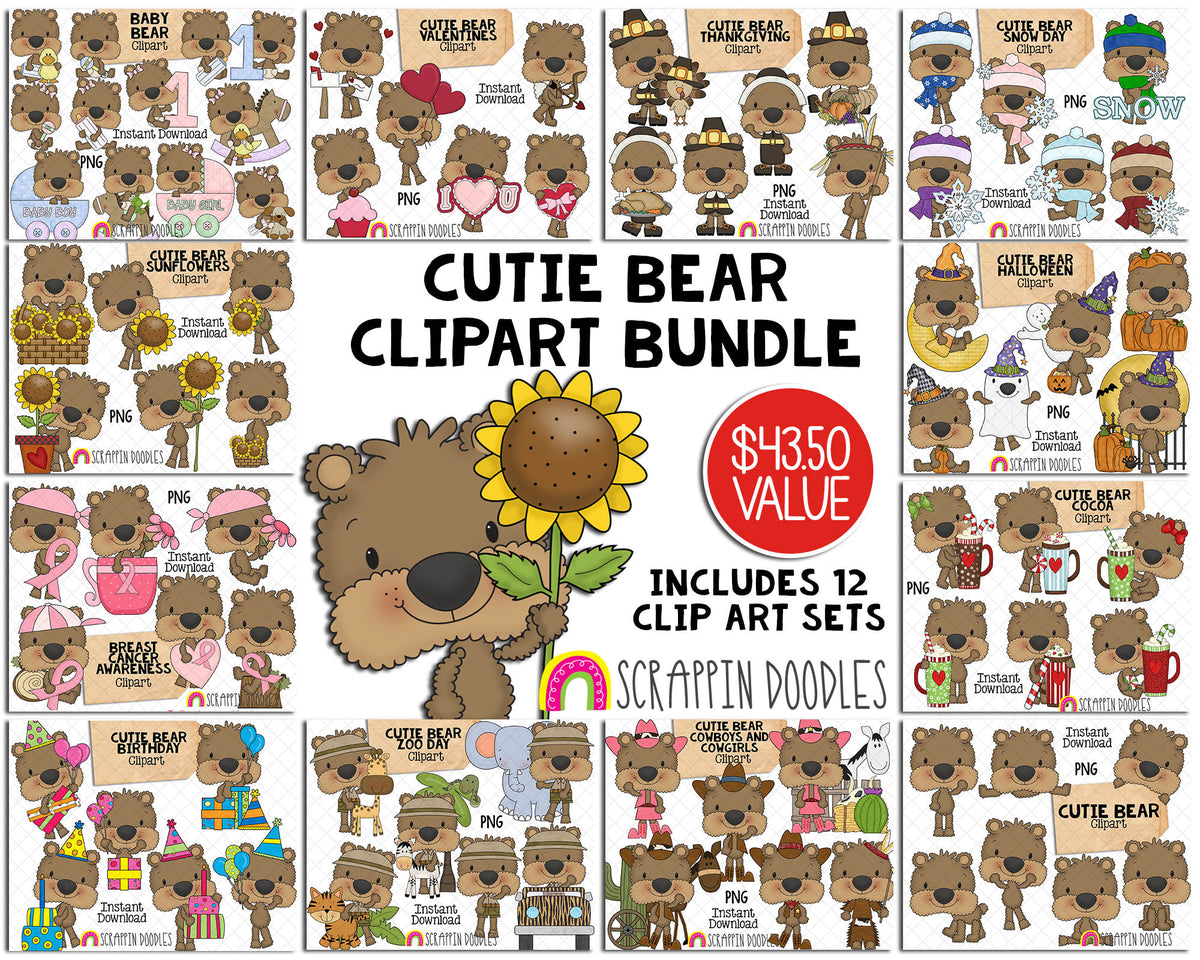 Cutie Bear ClipArt Bundle - Brown Bear Graphics - Commercial Use PNG