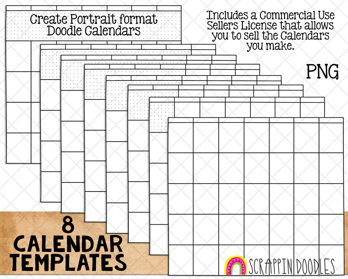 Doodle Calendar Templates - Portrait - Create your own BUJO Doodle style Calendars - Commercial Use