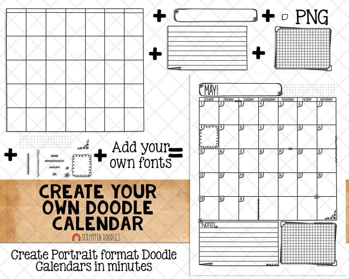 Doodle Calendar Templates - Portrait - Create your own BUJO Doodle style Calendars - Commercial Use