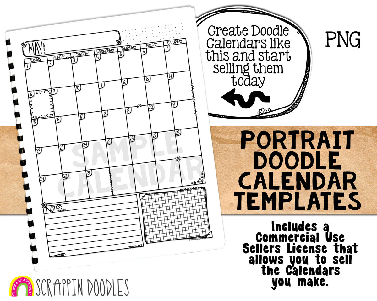 Doodle Calendar Templates - Portrait - Create your own BUJO Doodle style Calendars - Commercial Use